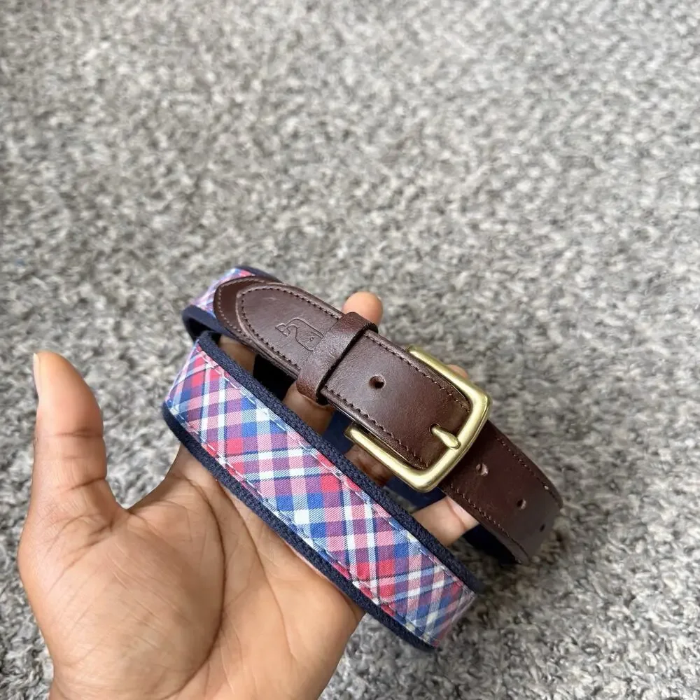 Vineyard Vines Men’s Belt Canvas Leather Club 40 Navy Red Plaid Brass Buckle